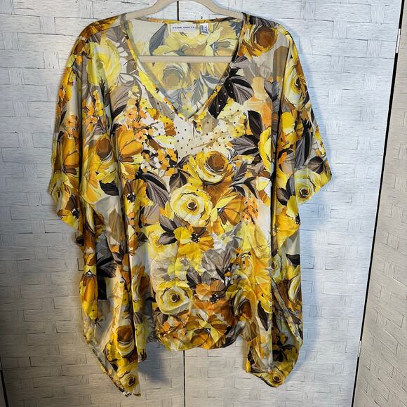 Susan Graver women’s blouse poncho kaftan floral rhinestones satin romantic - Picture 1 of 9